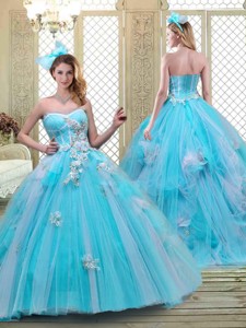 Summer Sweetheart Brush Train Quinceanera Dress In Baby Blue
