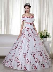 White and Red Ball Gown Off The Shoulder Floor-length Taffeta and Organza Embroidery Quinceanera Dre