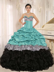 Turquoise and Black Sweetheart Ruffles Quinceanera Dress With Floor-length