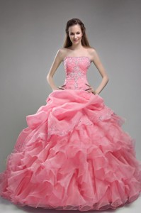 Watermelon Ball Gown Strapless Floor-length Orangza Beading and Ruffles Quinceanera Dress