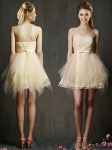 Lovely Sweetheart Short Champagne Dama Dress With Belt And Ruffles