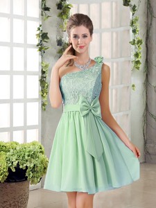 Custom Made One Shoulder Lace Dama Dress With Bowknot
