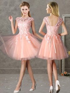 New Style Bateau Peach Short Dama Dress With Lace