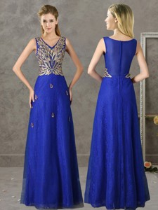 Gorgeous V Neck Appliques And Beading Dama Dress In Royal Blue