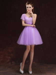 Sweet Tulle Lilac One Shoulder Dama Dress with Short Sleeve