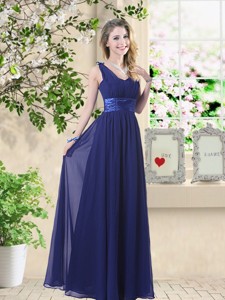 Wonderful Ruched Navy Blue Dama Dress With V Neck