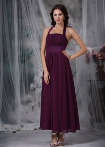 Burgundy Empire Halter Ankle-length Chiffon Ruch Prom / Evening Dress