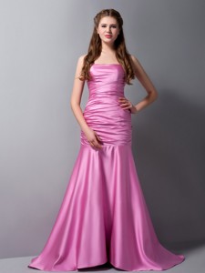 Rose Pink Mermaid Strapless Brush Train Taffeta Ruch Dama Dress