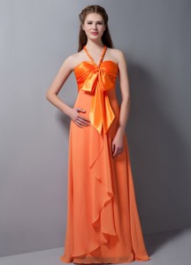 Customize Orange Red Empire Halter Ruch Dama Dress Floor-length Taffeta And Chiffon
