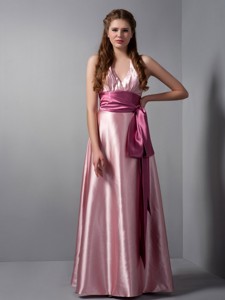 Customize Pink Column V-neck Sash Dama Dress Floor-length Elastic Woven Satin