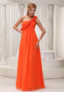 Hand Made Flowers Decorate One Shoulder Orange Chiffon Empire Floor-length For Dama Dress
