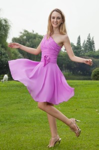 Lavender Princess One Shoulder Knee-length Chiffon Ruch Dama Dress