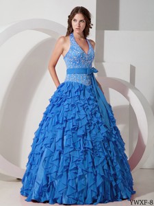 Ball Gown Halter Blue Chiffon Quinceanera Dress with Embroidery