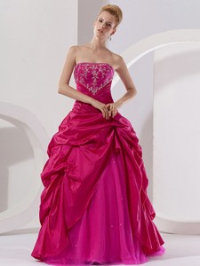 Hot Pink Taffeta Embroidery Floor-length Strapless Quinceanera Dress