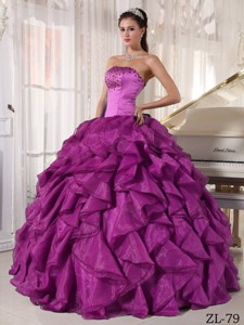 Eggplant Purple Ball Gown Strapless Floor-length Satin and Organza Beading Quinceanera Dress