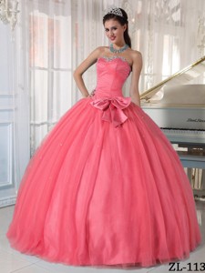 Watermelon Ball Gown Sweetheart Floor-length Tulle Beading and Bowknot Quinceanera Dress