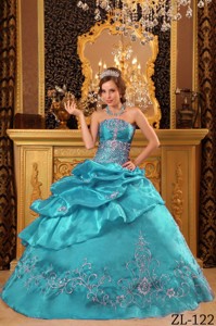 Teal Ball Gown Strapless Floor-length Organza Beading Quinceanera Dress