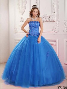 Elegant Ball Gown Strapless Floor-length Tulle Beading Blue Quinceanera Dress