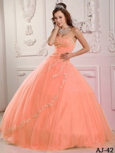 Classical Ball Gown Sweetheart Floor-length Tulle Appliques Pink Quinceanera Dress