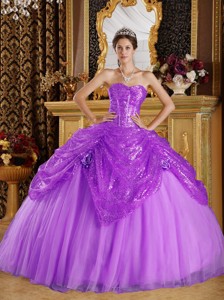 Purple Ball Gown Sweetheart Floor-length Sequined and Tulle Handle Flowers Quinceanera Dress
