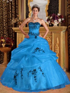 Aqua Blue Ball Gown Sweetheart Floor-length Satin and Organza Embroidery Quinceanera Dress