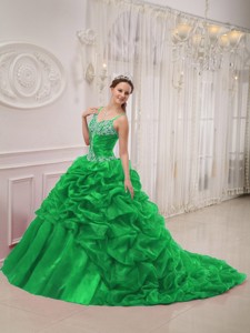 Green Ball Gown Spaghetti Straps Court Train Organza Beading Quinceanera Dress
