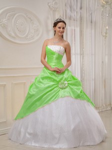 Spring Green and White Strapless Floor-length Beading Quinceanera Dress