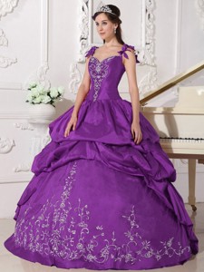 Purple Ball Gown Straps Floor-length Taffeta Embroidery Quinceanera Dress