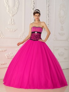 Coral Red Princess Strapless Floor-length Tulle And Zebra Beading Quinceanera Dress
