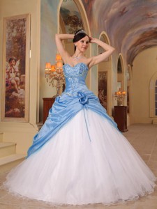 Aqua Blue And White Sweetheart Floor-length Beading Quinceanera Dress
