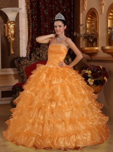 Orange Ball Gown Strapless Floor-length Organza Beading Quinceanera Dress