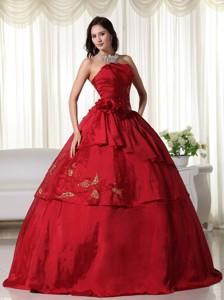 Wine Red Ball Gown Strapless Floor-length Taffeta Hand Flowers Quinceanera Dress