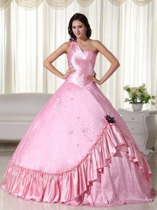 Baby Pink Ball Gown One Shoulder Floor-length Taffeta Beading Quinceanera Dress
