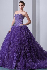 Purple Princess Sweetheart Brush Train Organza Beading And Ruffles Quinceanea Dress