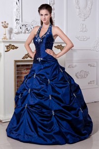 Blue Princess Halter Floor-length Taffeta Embriodery Wedding Dress