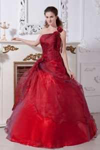 Wine Red Beading One Shoulder Taffeta And Organza Floor-length Quinceanera Dress