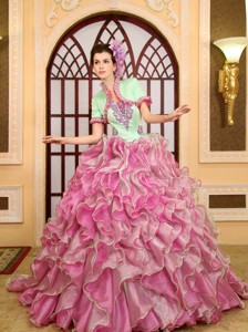 Ruffles Appliques For Green And Rose Pink Wedding Dress With Jacket Brush Train