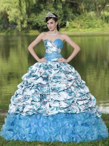 Colorful Printing And Organza Beaded Waist Pick-ups And Ruffles Brush Train Quinceanera Dress