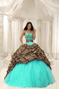 Leopard and Organza Beading Decorate Sweetheart Neckline Quinceanera Dress