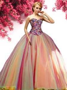 Affordable Rainbow Big Puffy Tulle Quinceanera Dress with Beading