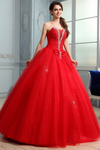 Strapless Beaded Decorate Fill Length Quinceanera Dress in Red