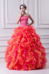 Spring Puffy Multi-color Strapless Beading Quinceanera Dress With Ruffles