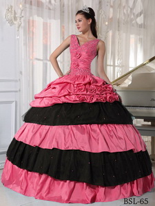 Ball Gown Watermelon and Black Taffeta Beading Quinceanera Dress