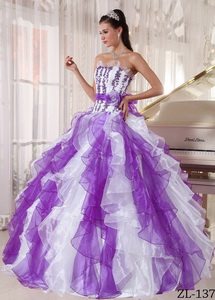 Strapless Floor-length White and Purple Quinceanera Dress with Beading