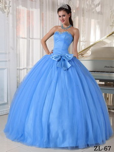 Blue Ball Gown Sweetheart Floor-length Tulle Beading and Bowknot Quinceanera Dress