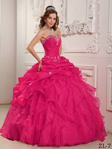 Coral Red Ball Gown Strapless Floor-length Organza Beading And Ruffles Quinceanera Dress