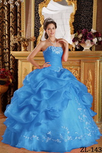 Aqua Blue Ball Gown Strapless Floor-length Embroidery Organza Quinceanera Dress