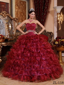 Wine Red Ball Gown Sweetheart Floor-length Organza Beading Quinceanera Dress