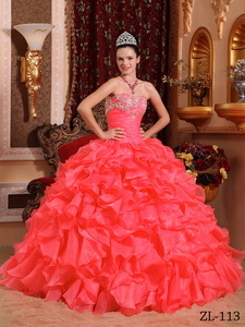 Coral Red Ball Gown Strapless Floor-length Organza Beading and Appliques Quinceanera Dress