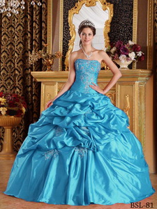 Aqua Blue Ball Gown Strapless Floor-length Pick-ups Taffeta Quinceanera Dress